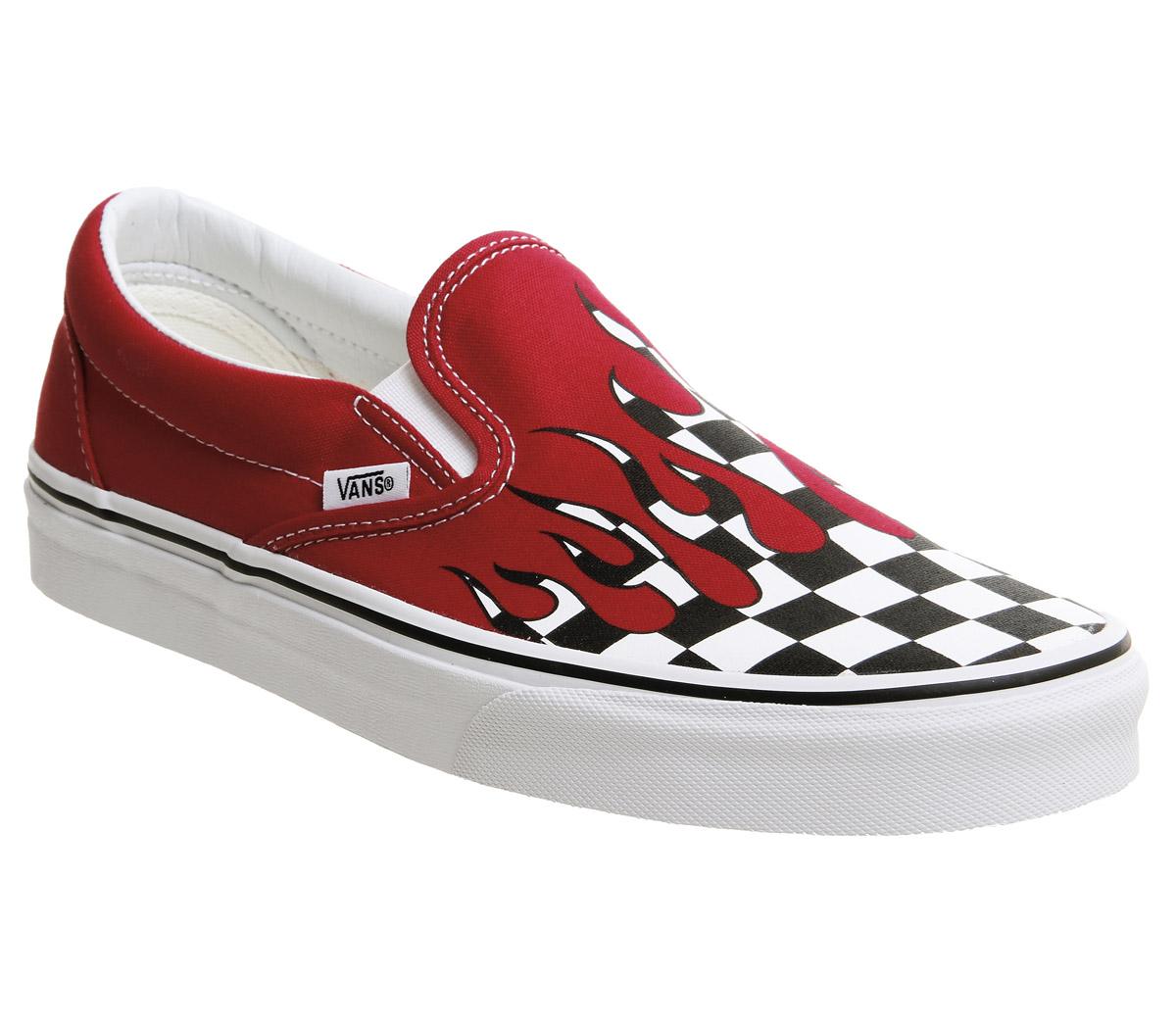 checkerboard vans slip on red