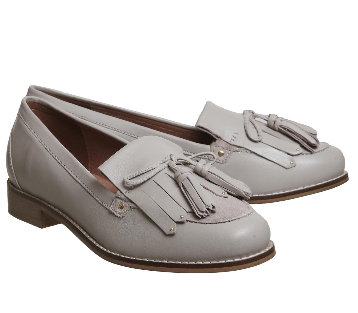 grey loafers with tassels