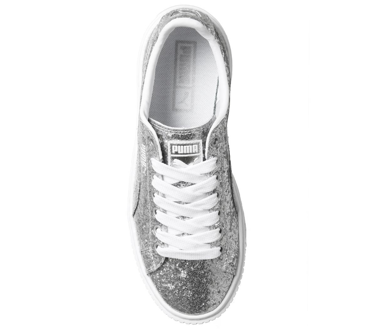 Puma Basket Platform Trainers Silver Glitter White - Hers trainers