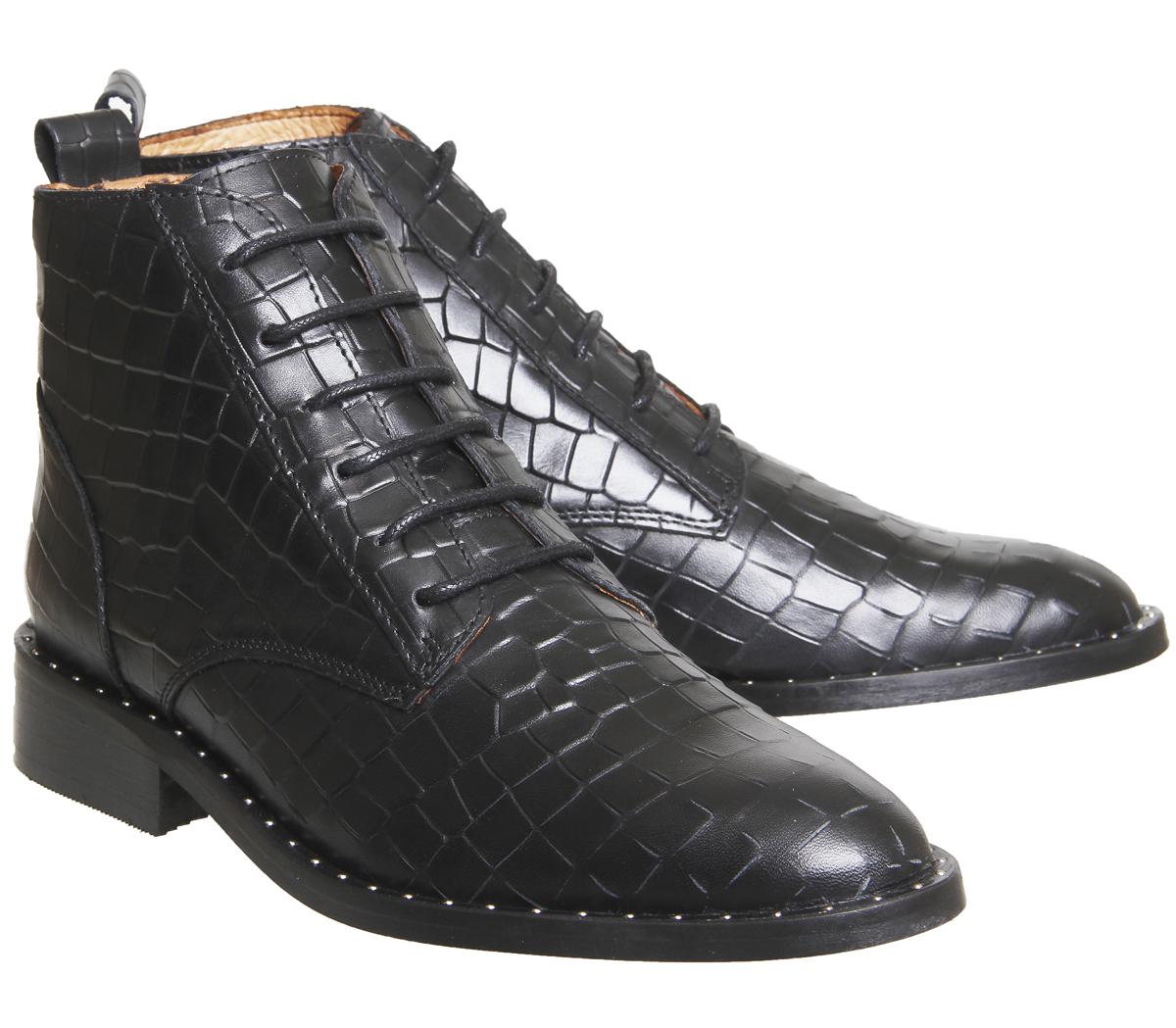 Office Artful Lace Up Boots With Studs Black Croc Leather
