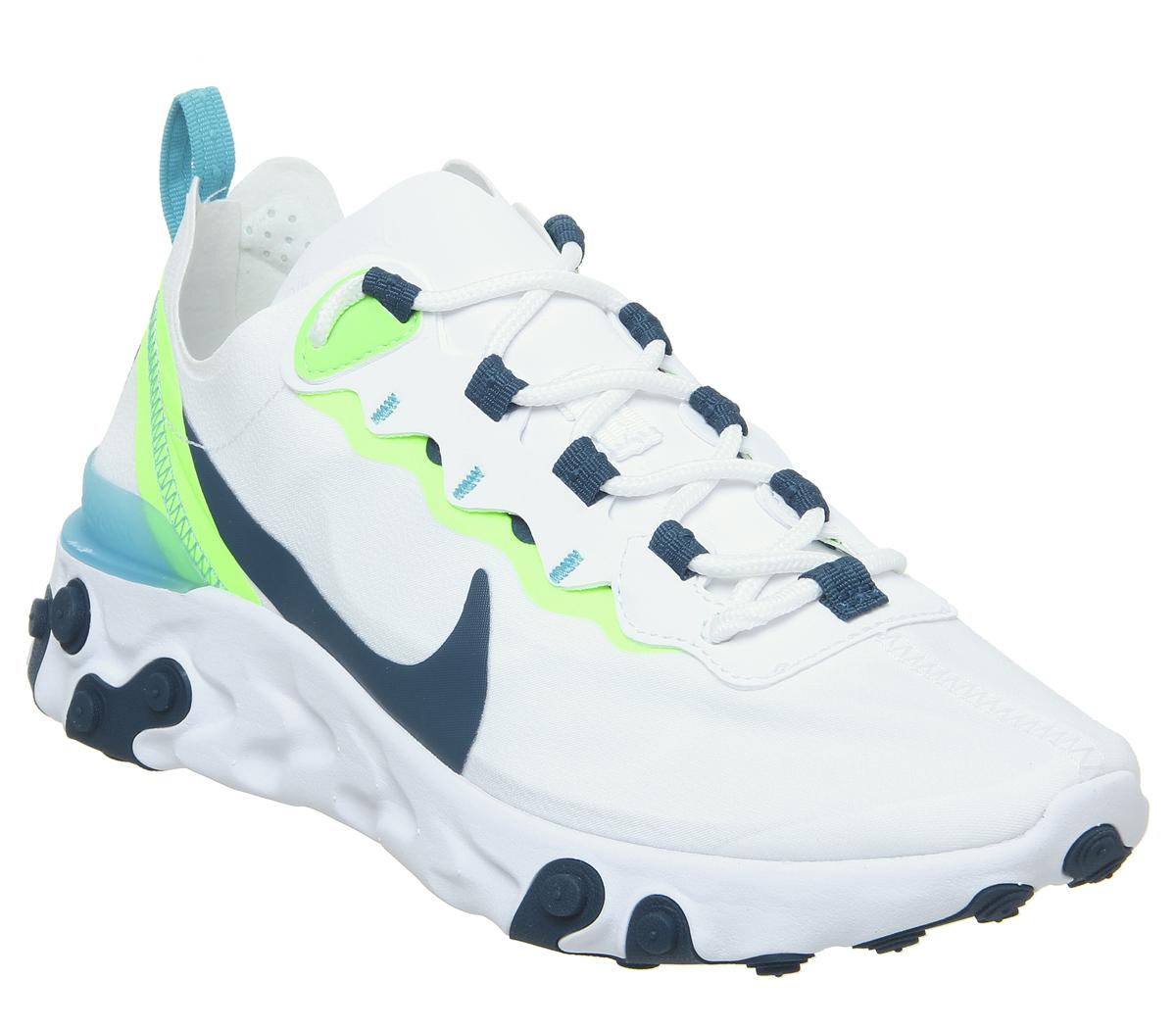 nike react element 55 trainers in white and blue