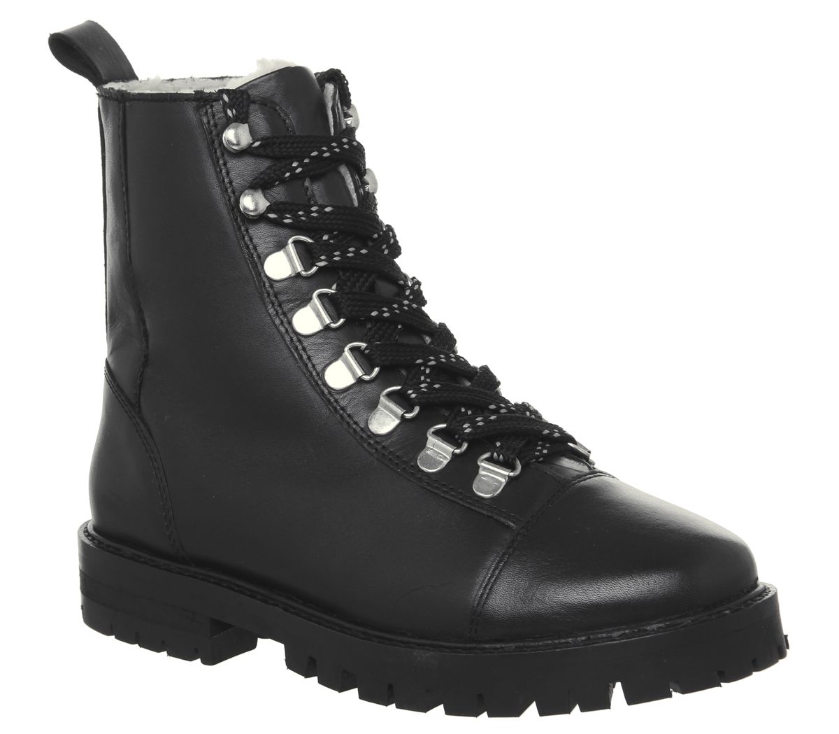 Office Ansel Hiker Lace Up Boots Black Leather Natural Fur Lining - Ankle Boots