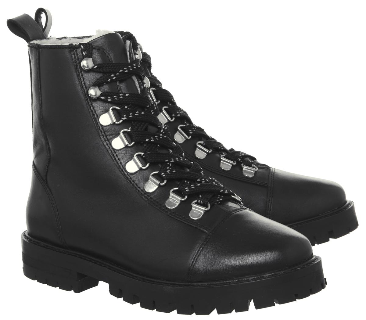 Office Ansel Hiker Lace Up Boots Black Leather Natural Fur Lining - Ankle Boots