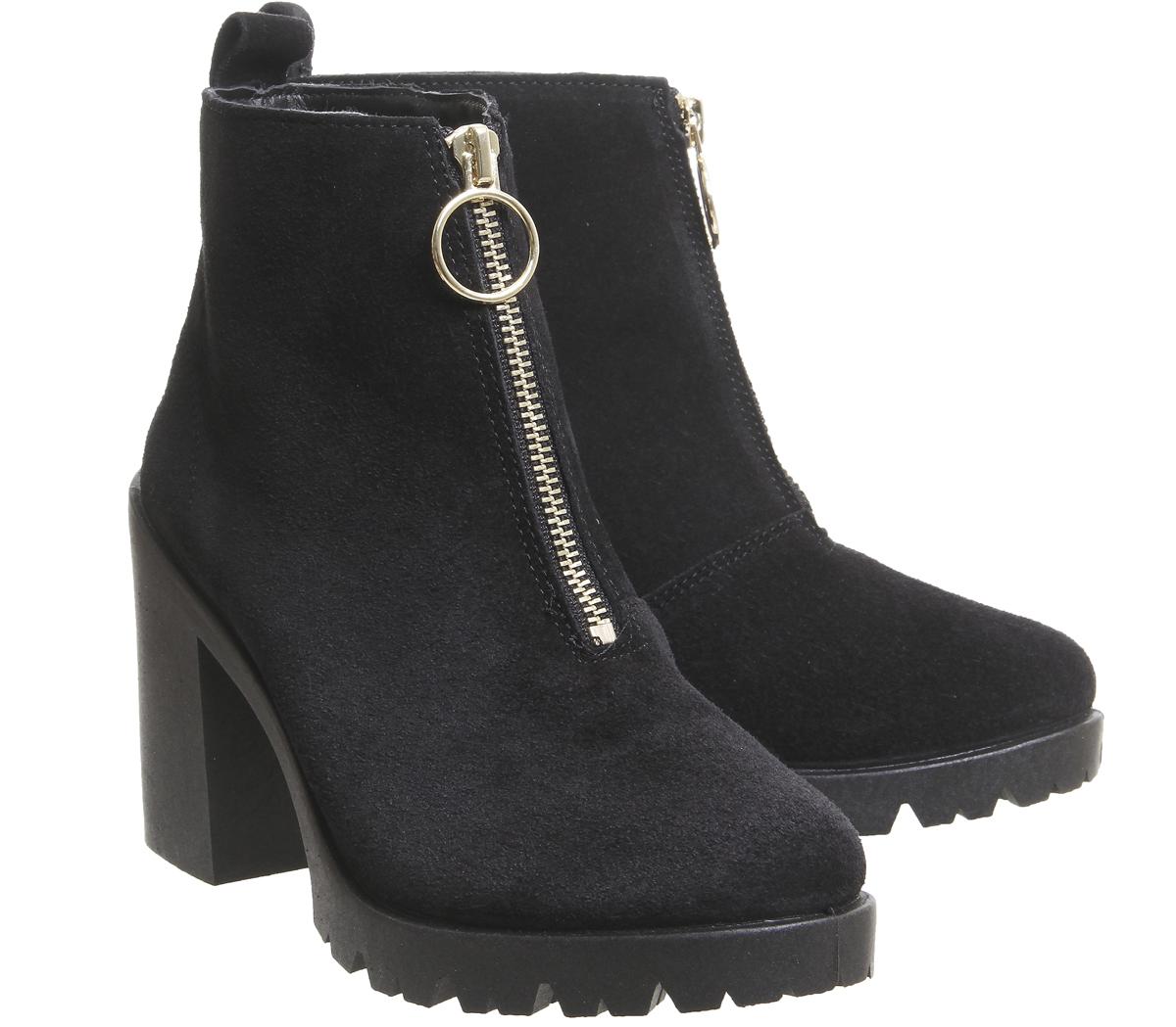 Office Aida Chunky Heel Front Zip Boots Black Suede - Damenstiefel