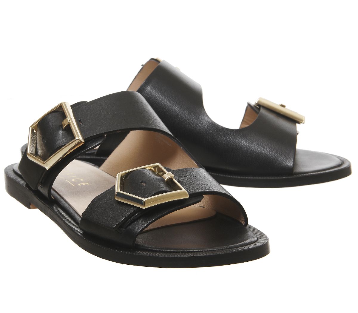 Office Sage Double Buckle Sandals Black Leather Gold Buckles - Women’s ...
