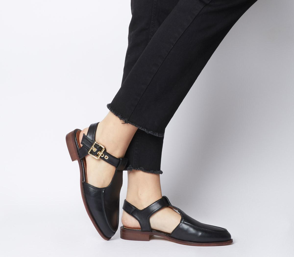 Office Filter Cut Out Flats Black Leather - Flat Shoes for Women