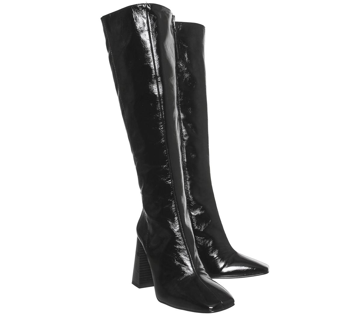 Office Koyote Square Toe Block Heel Knee Boots Shiny Black Leather ...