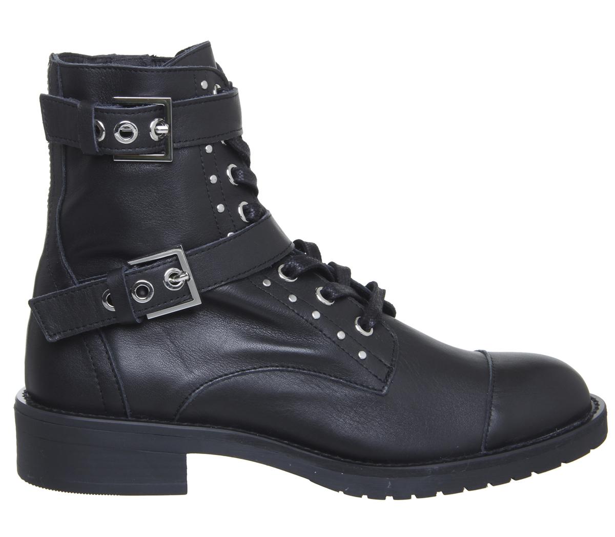 Office Accomplice Lace Up Buckle Boots Black Leather Silver Hardware - Ankle Boots