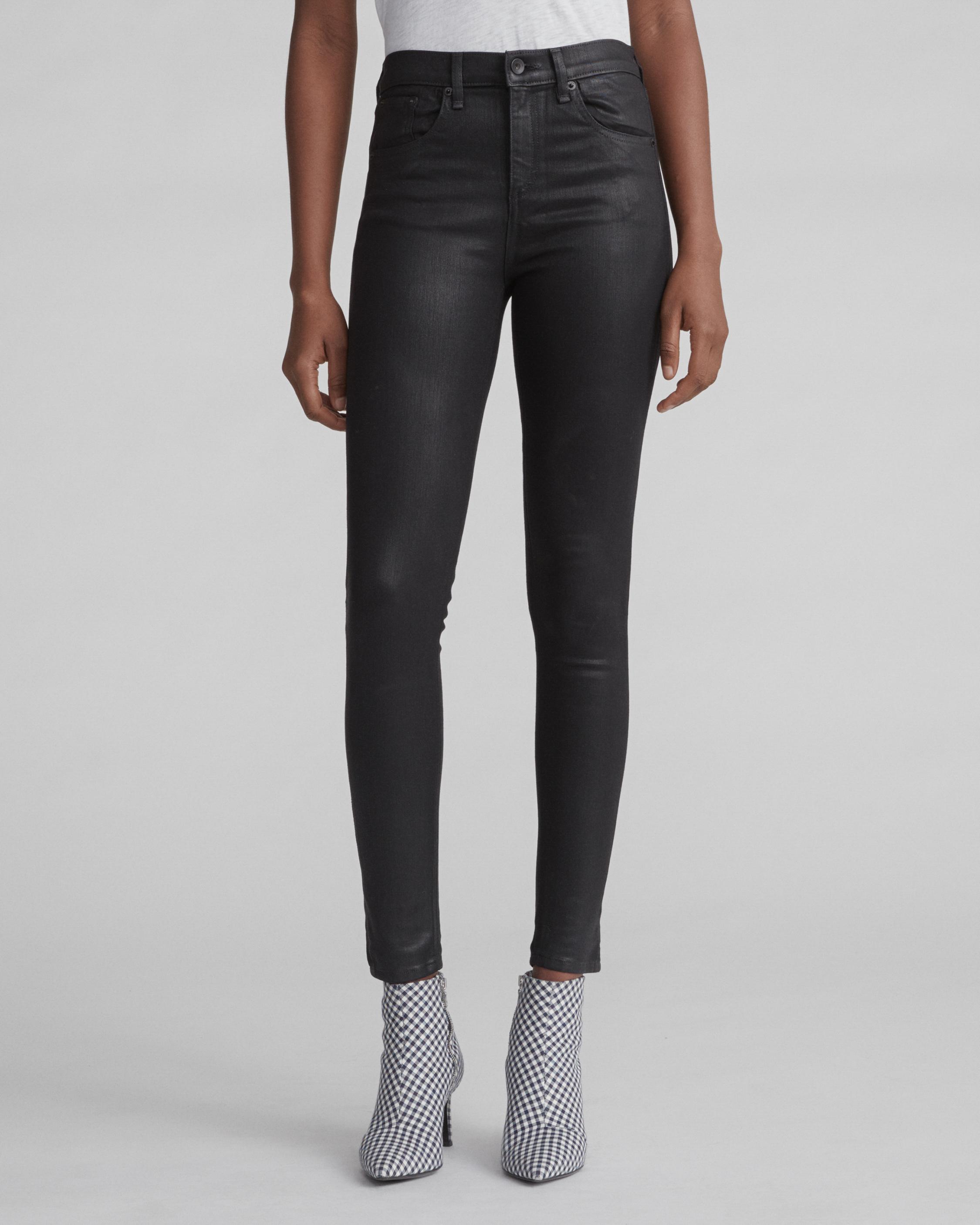 high rise coated skinny jeans