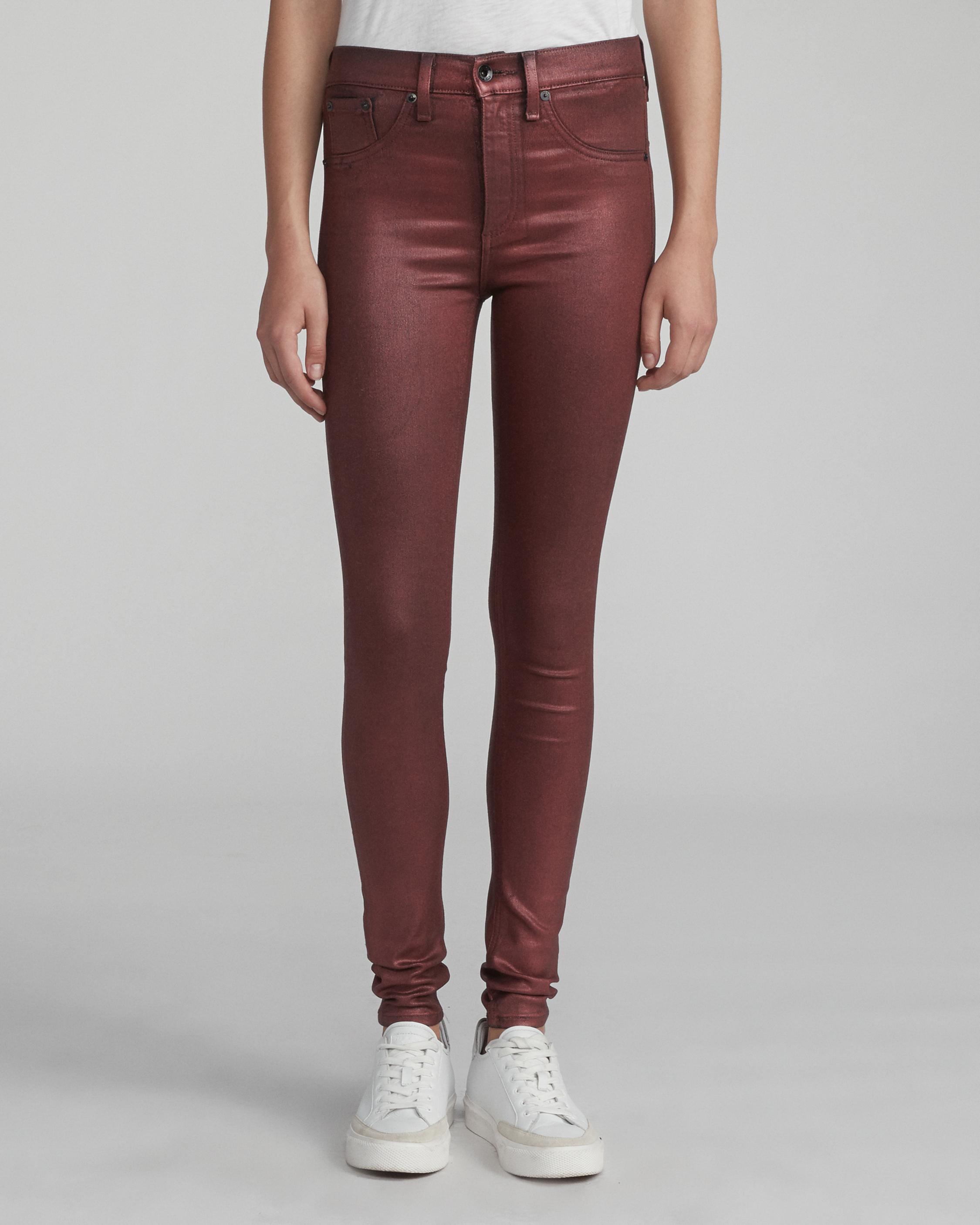 high rise coated skinny jeans