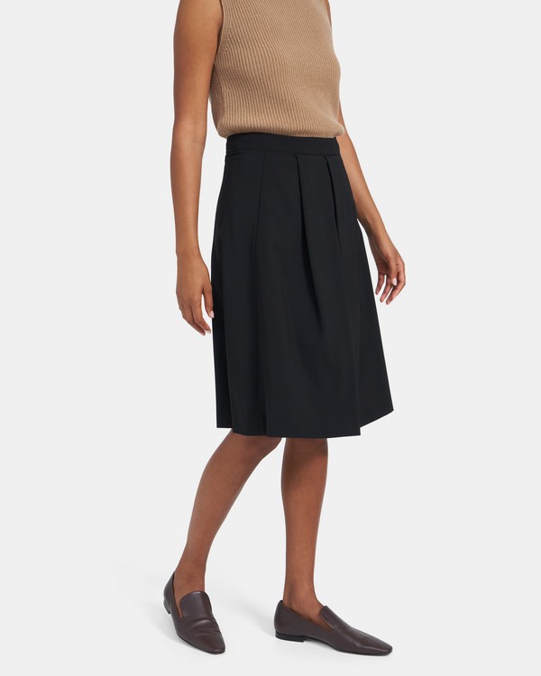 띠어리 Theory Pleated Midi Skirt in Sevona Stretch Wool,BLACK