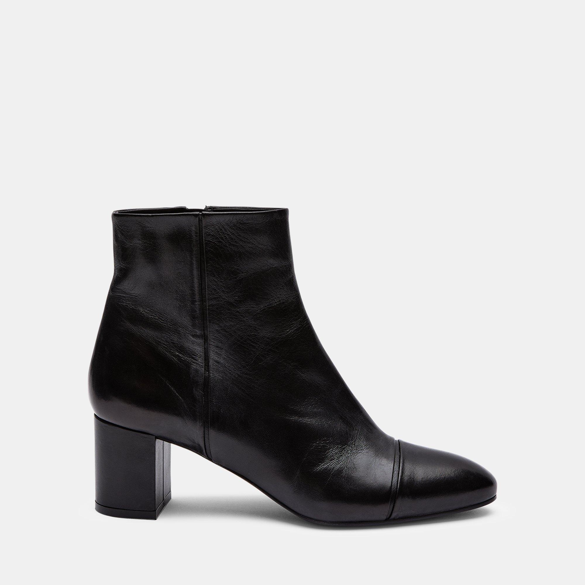 black leather almond toe booties