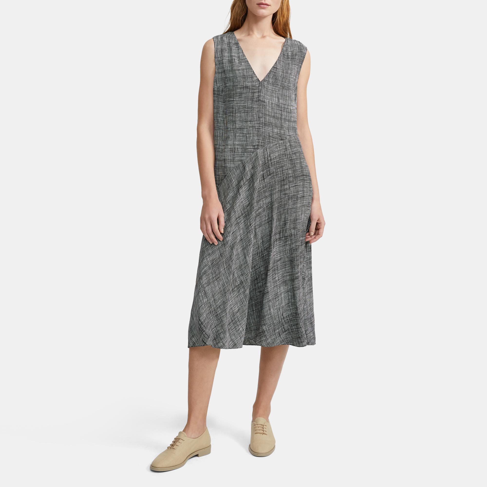 V Neck Draped Dress In Crosshatch Silk Theory