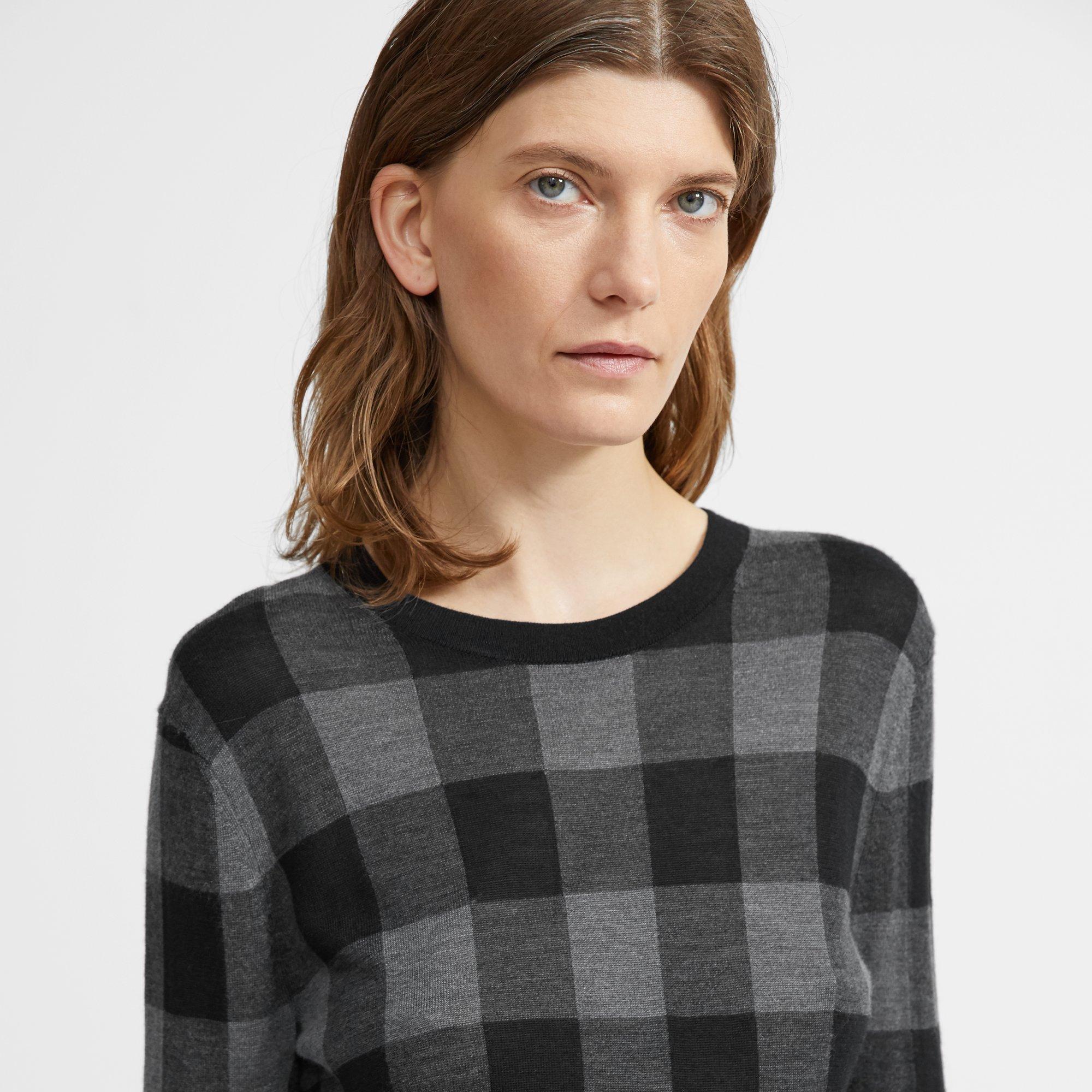 Crewneck Sweater in Plaid Silk-Cashmere 0 - click to view larger image