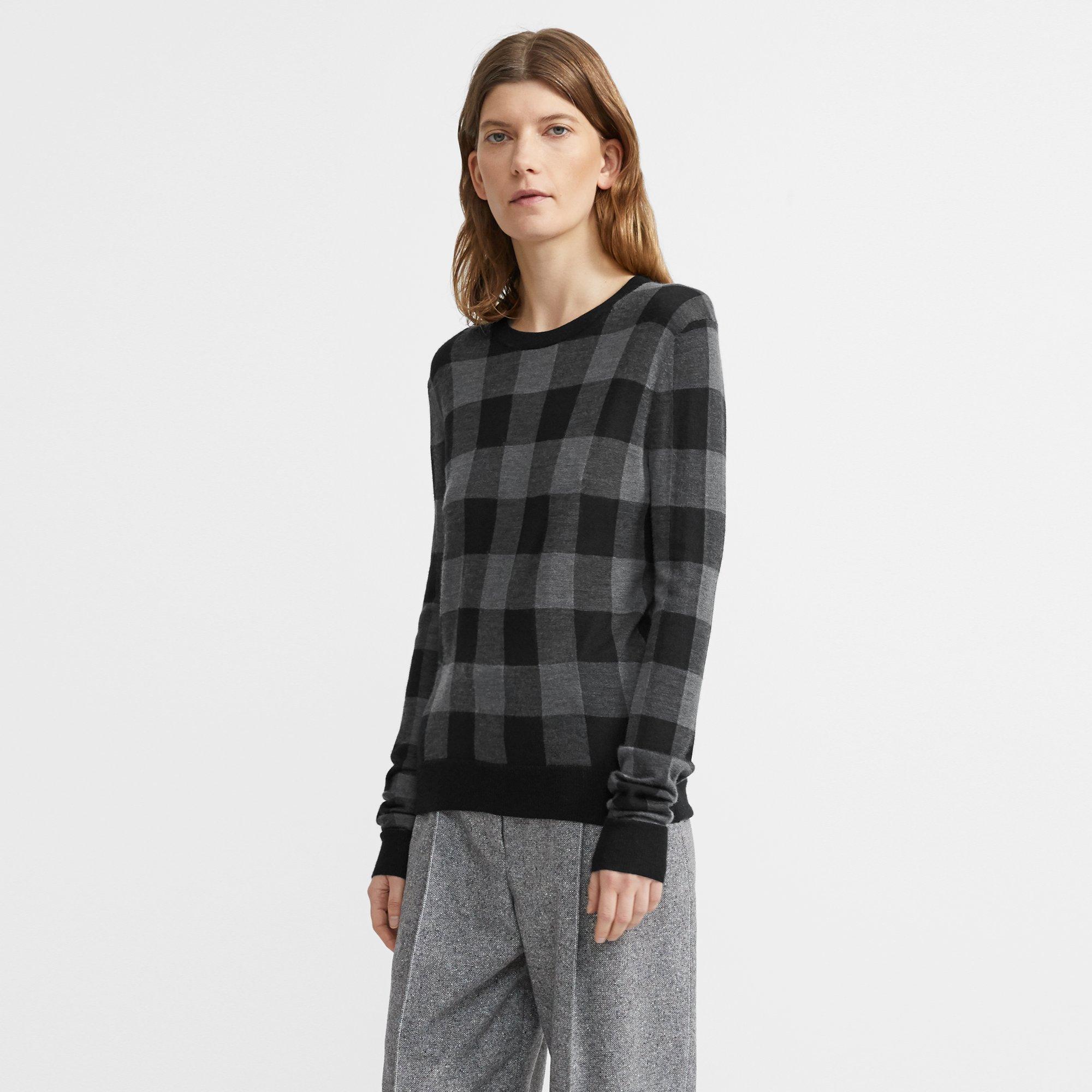Crewneck Sweater in Plaid Silk-Cashmere 0 - click to view larger image