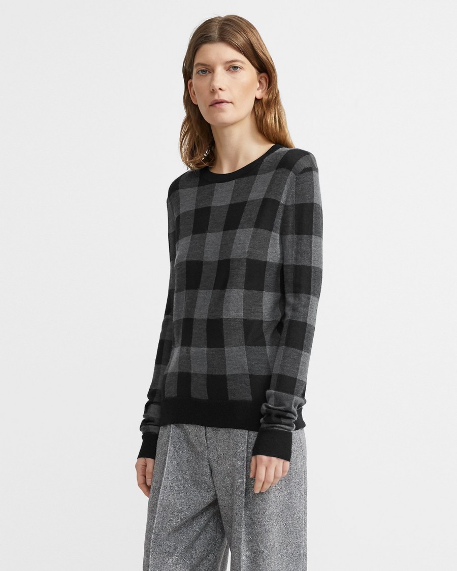 Crewneck Sweater in Plaid Silk-Cashmere 0 - click to view larger image