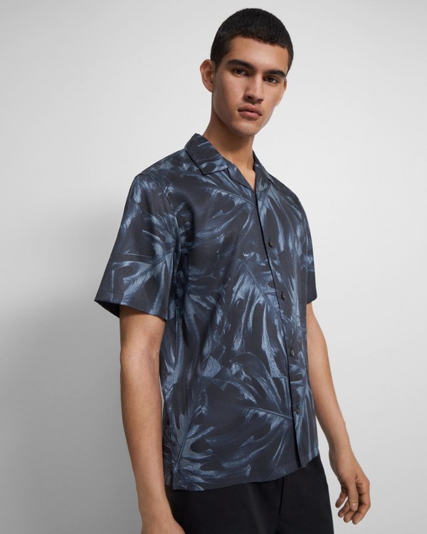 띠어리 Theory Noll Short-Sleeve Shirt in Palm Print Lyocell,HERON MULTI