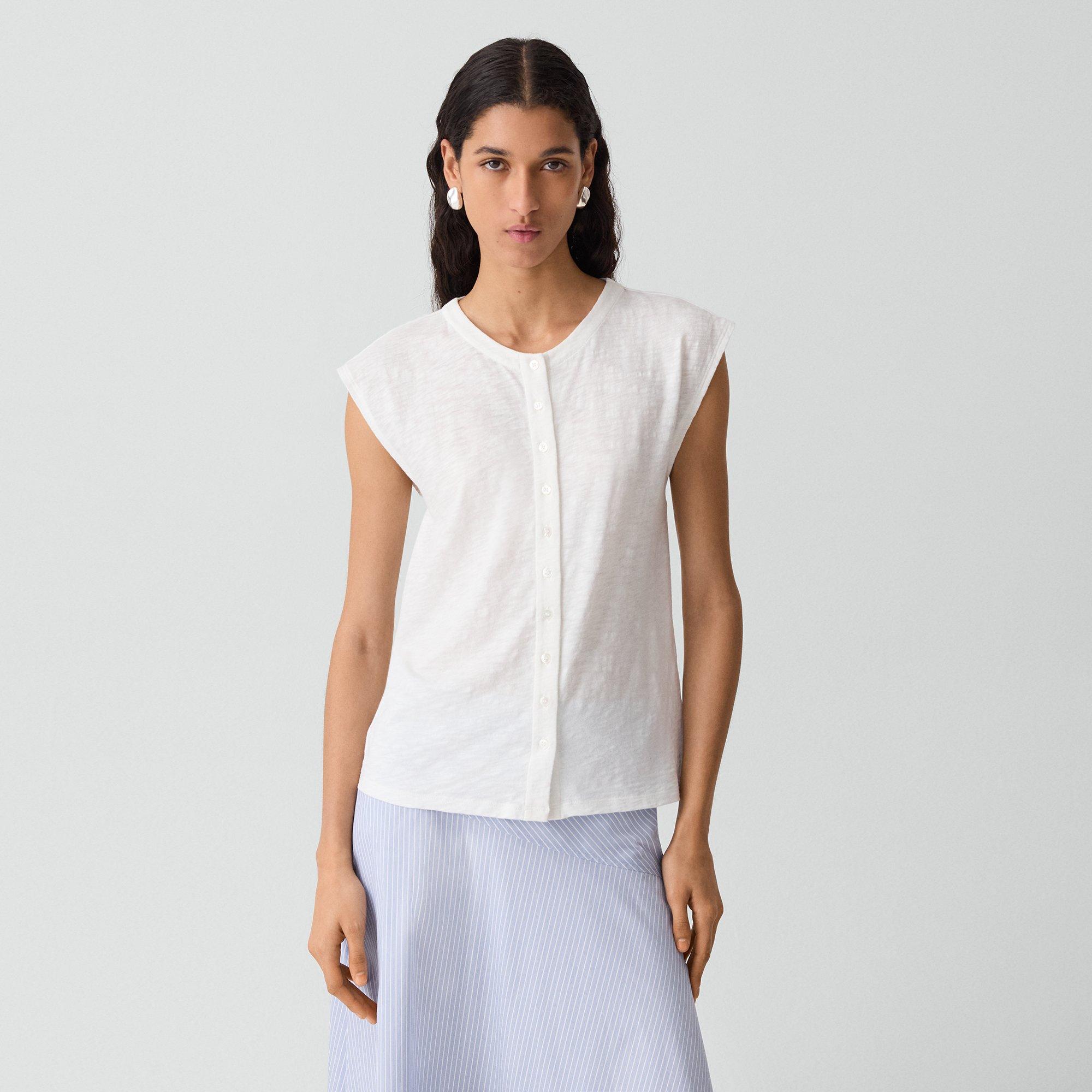 Crewneck Button-Up Top in Organic Slub Cotton