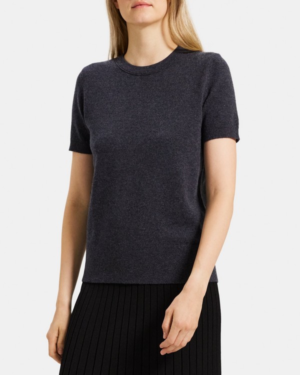 띠어리 Theory Short-Sleeve Sweater in Cashmere,BLUE SPRUCE MEL