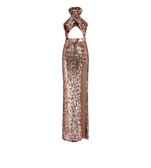 SEQUIN EMBROIDERY CUT-OUT HALTER NECK EVENING DRESS