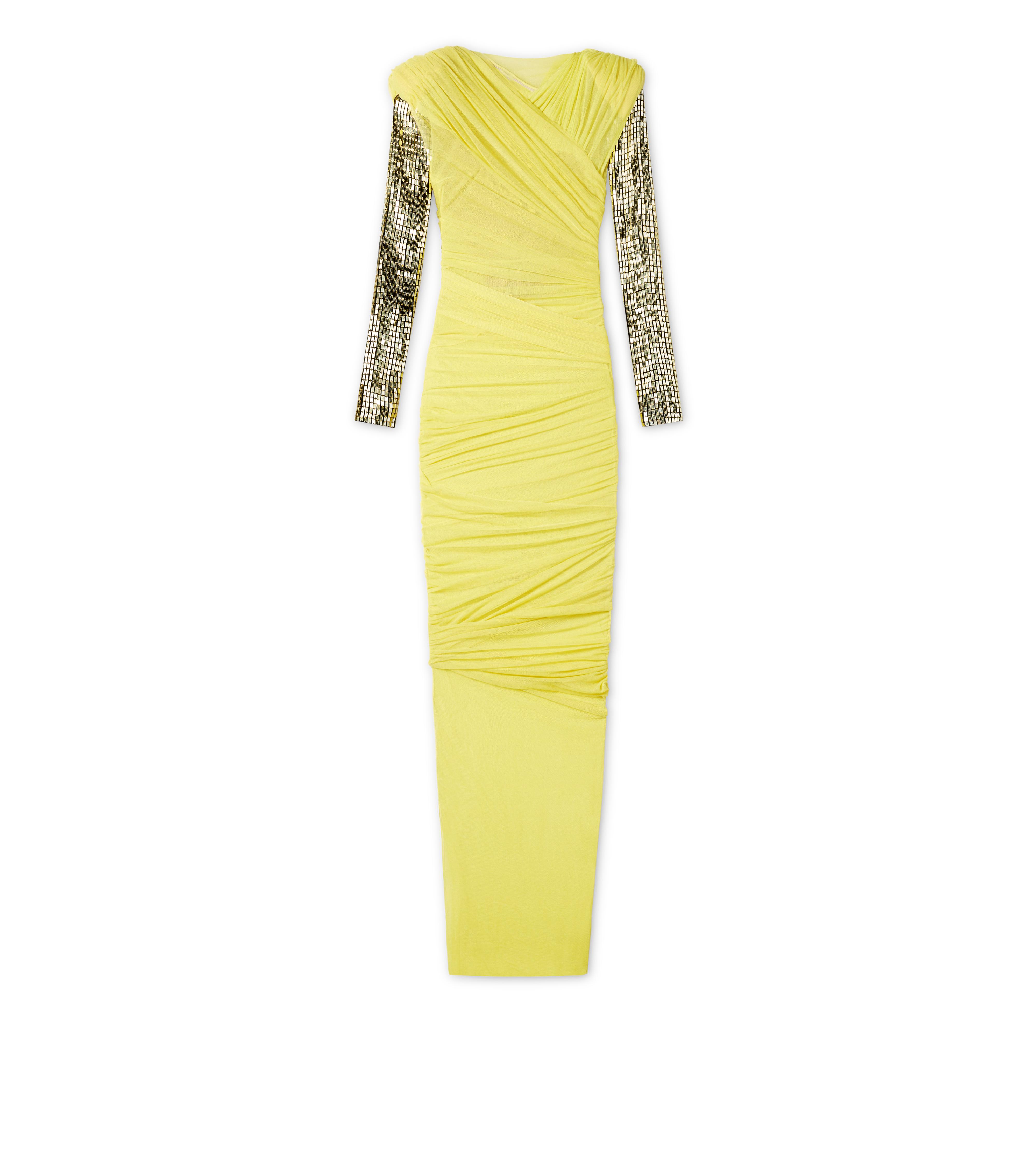 DRAPED GOWN WITH EMBROIDERED SLEEVES