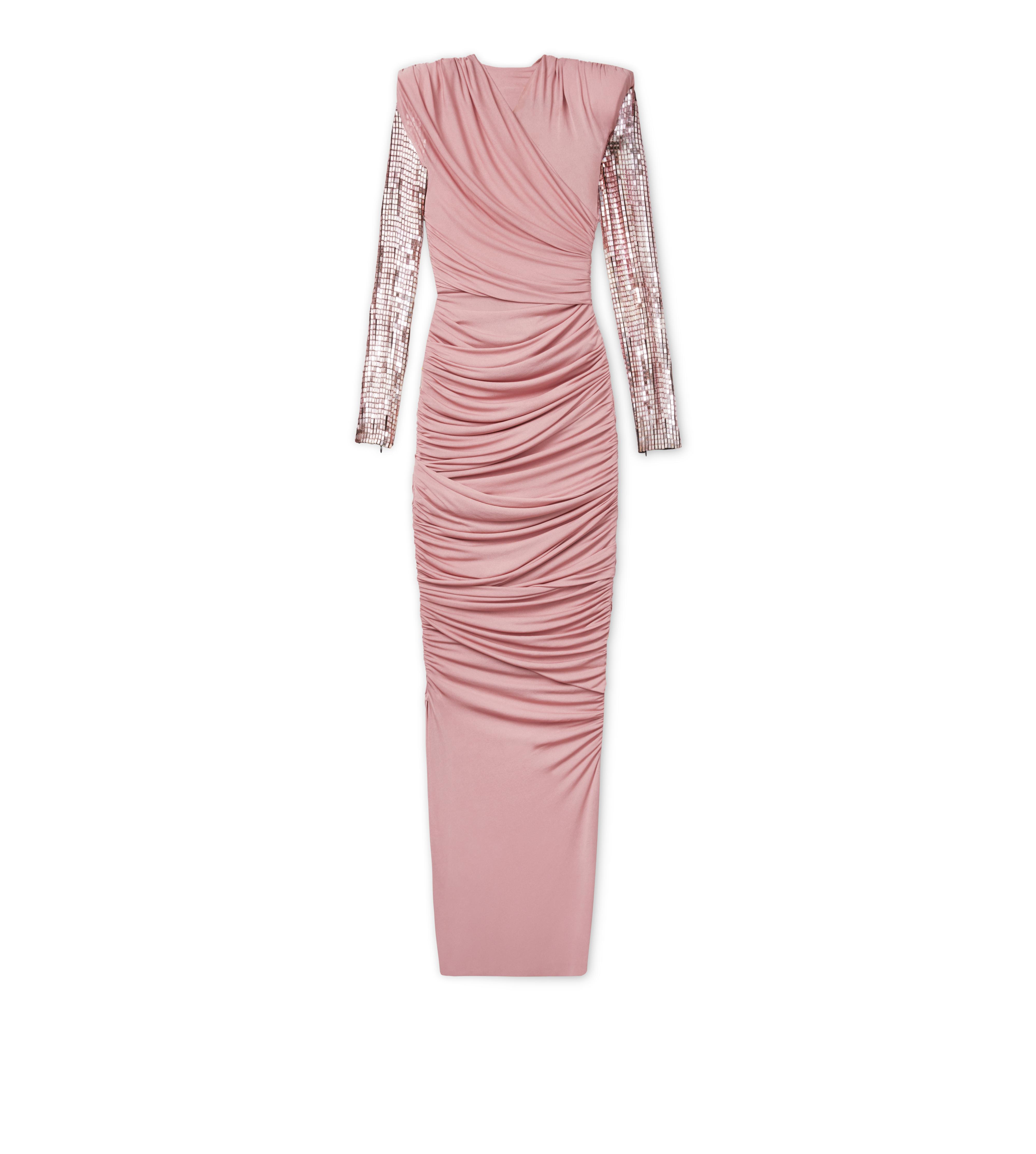 DRAPED GOWN WITH EMBROIDERED SLEEVES