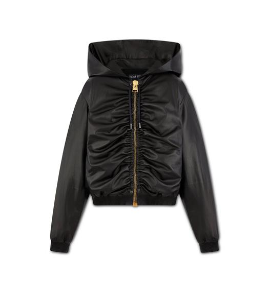 PLONGE LEATHER HOODED RUCHED BOMBER