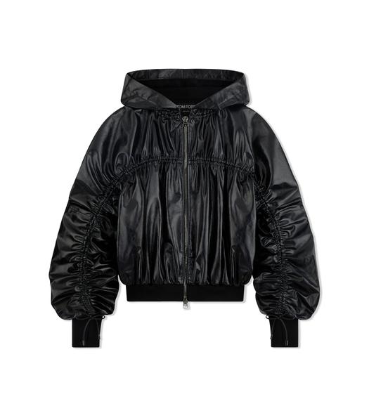 SHINY TEXTURED LEATHER RUCHED HOODIE