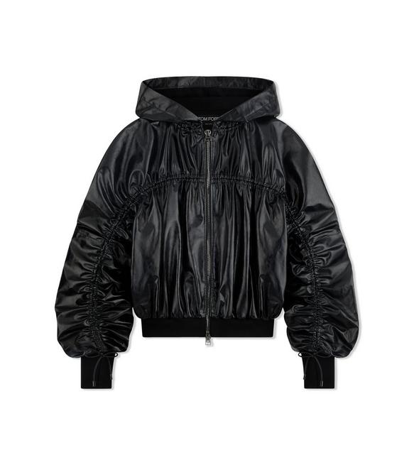 SHINY TEXTURED LEATHER RUCHED HOODIE A fullsize