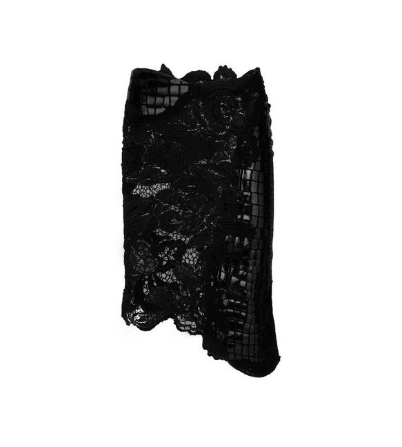 LACE AND PRINTED LEATHER ASYMMETRIC SKIRT A fullsize