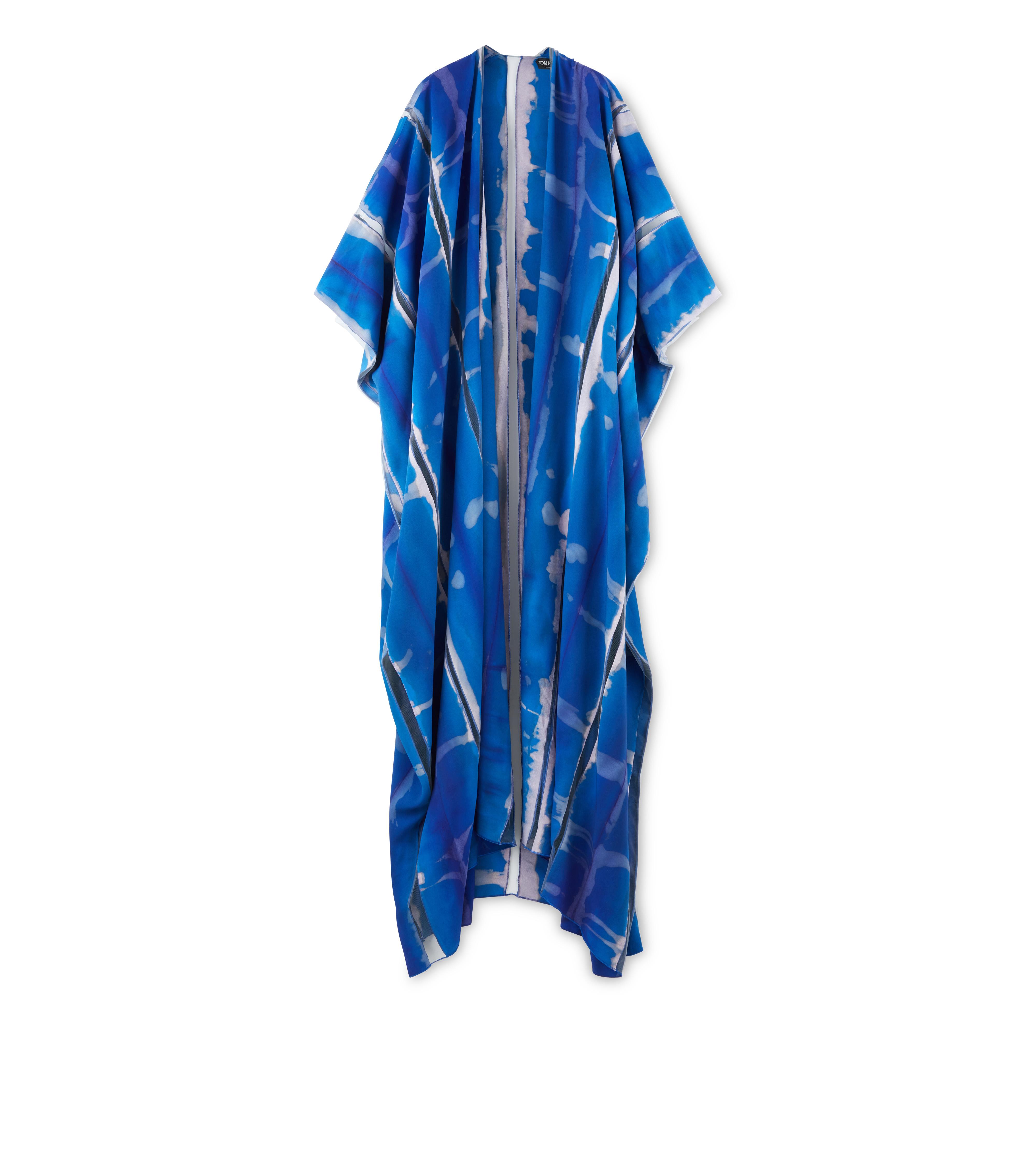 Tom Ford TIE-DYE ON SILK CREPE OPEN KAFTAN WITH TULLE INSERTS 