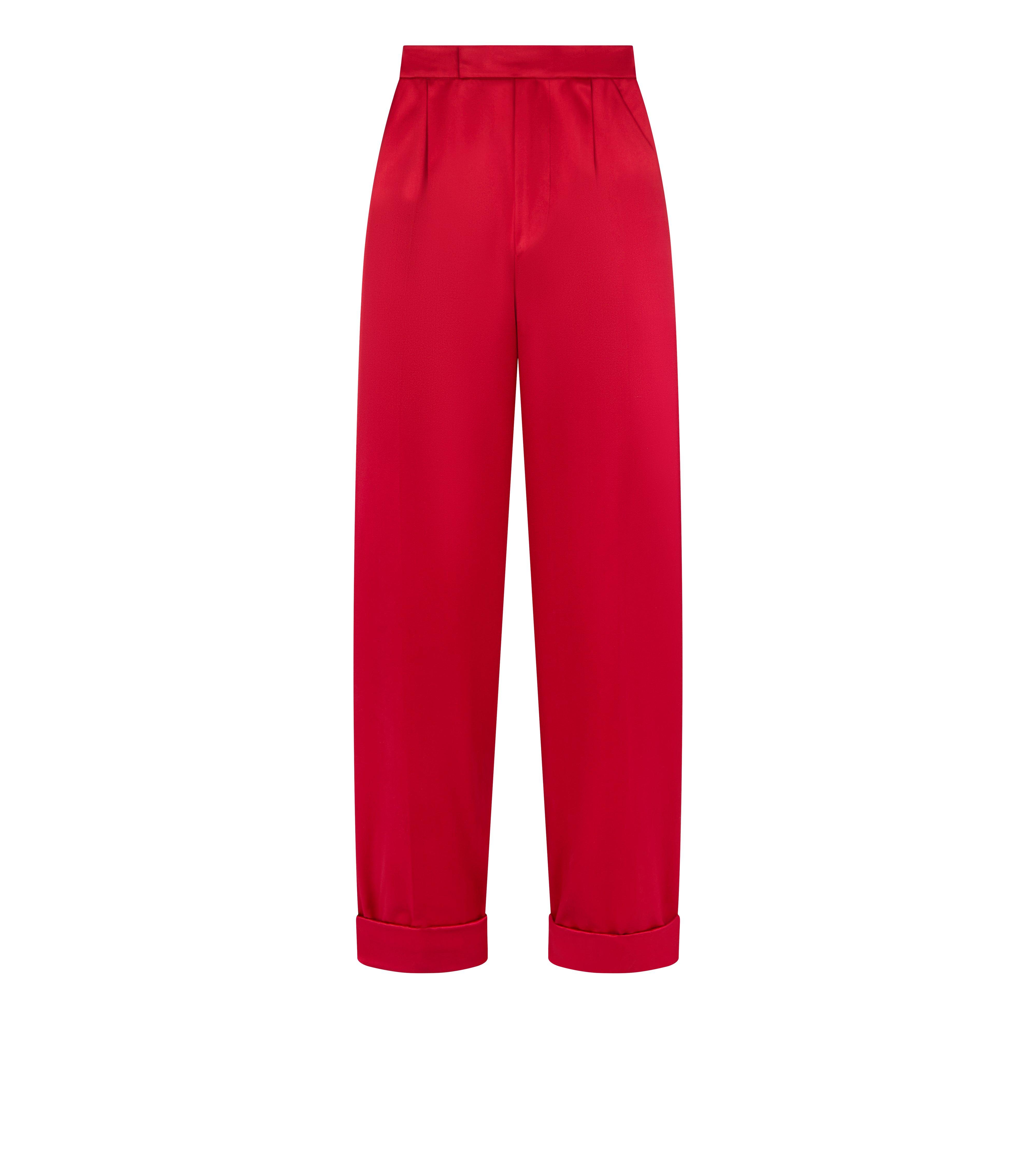 red pleated pants