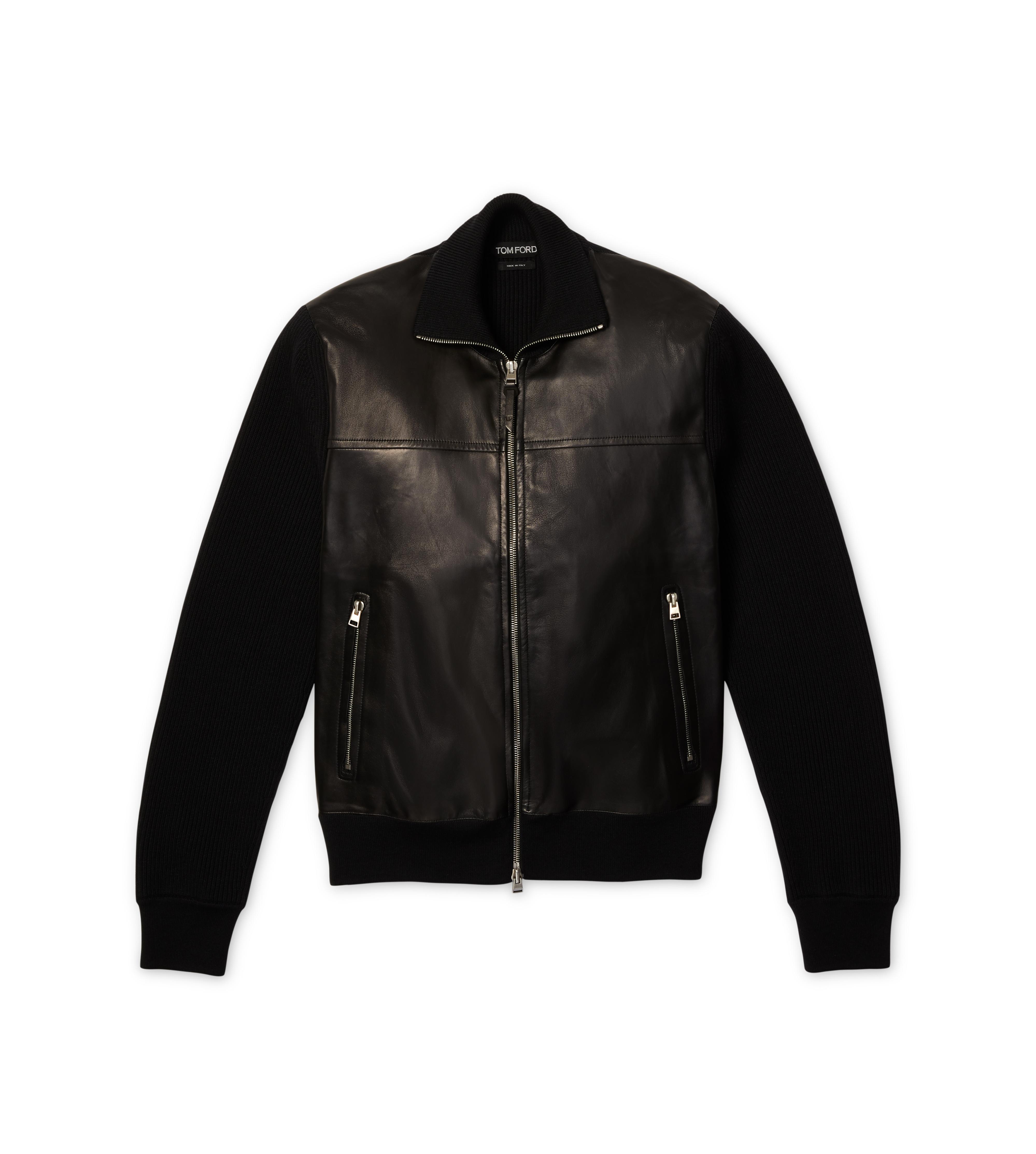 LEATHER FRONT MERINO ZIP THROUGH KNIT