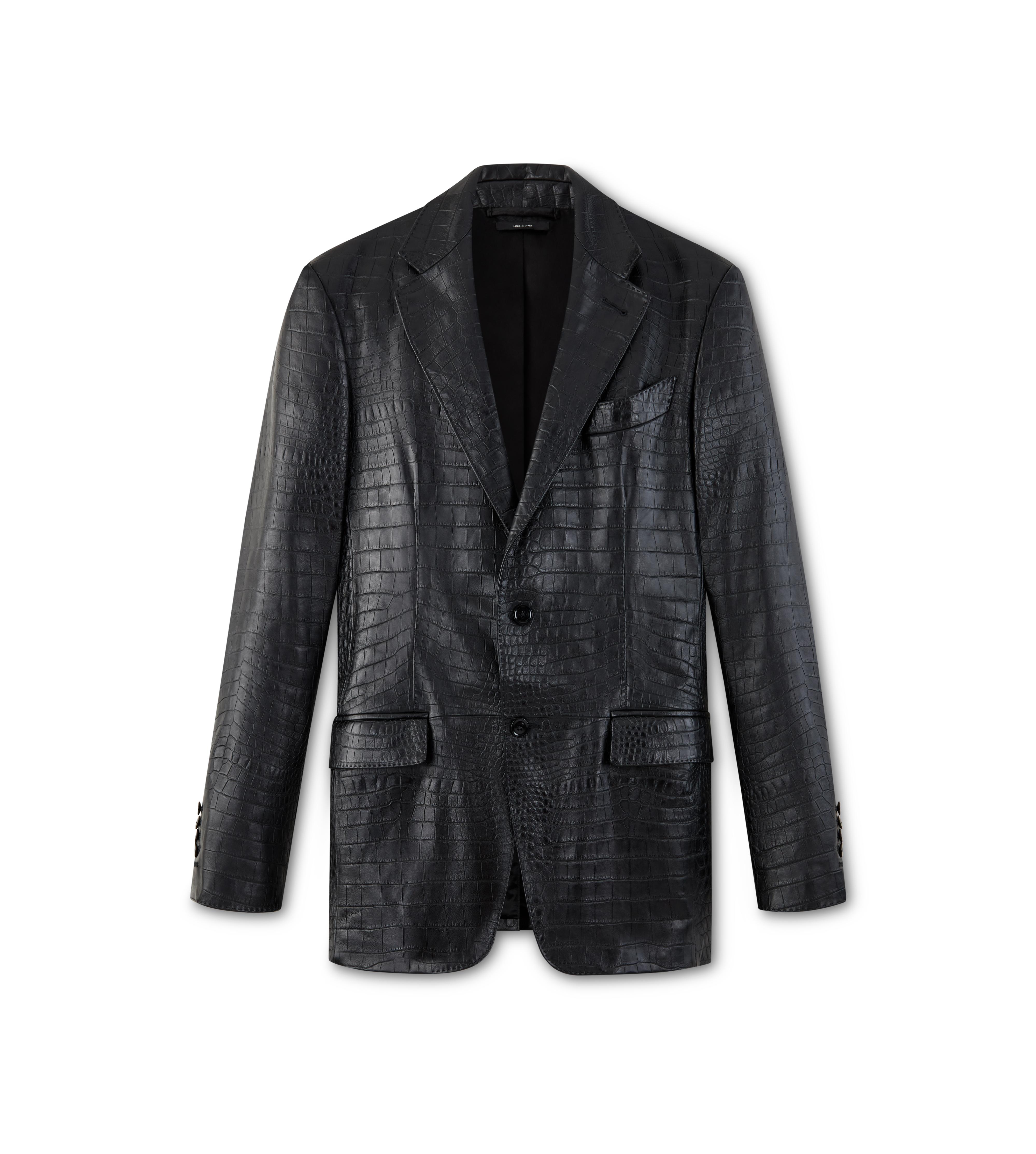 Tom Ford Metallic Dabbed Croc Printed Leather Biker Jacket Silver