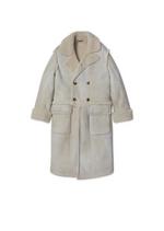 SUEDE RAW CUT SHEARLING DOUBLE BREASTED LONG COAT A thumbnail