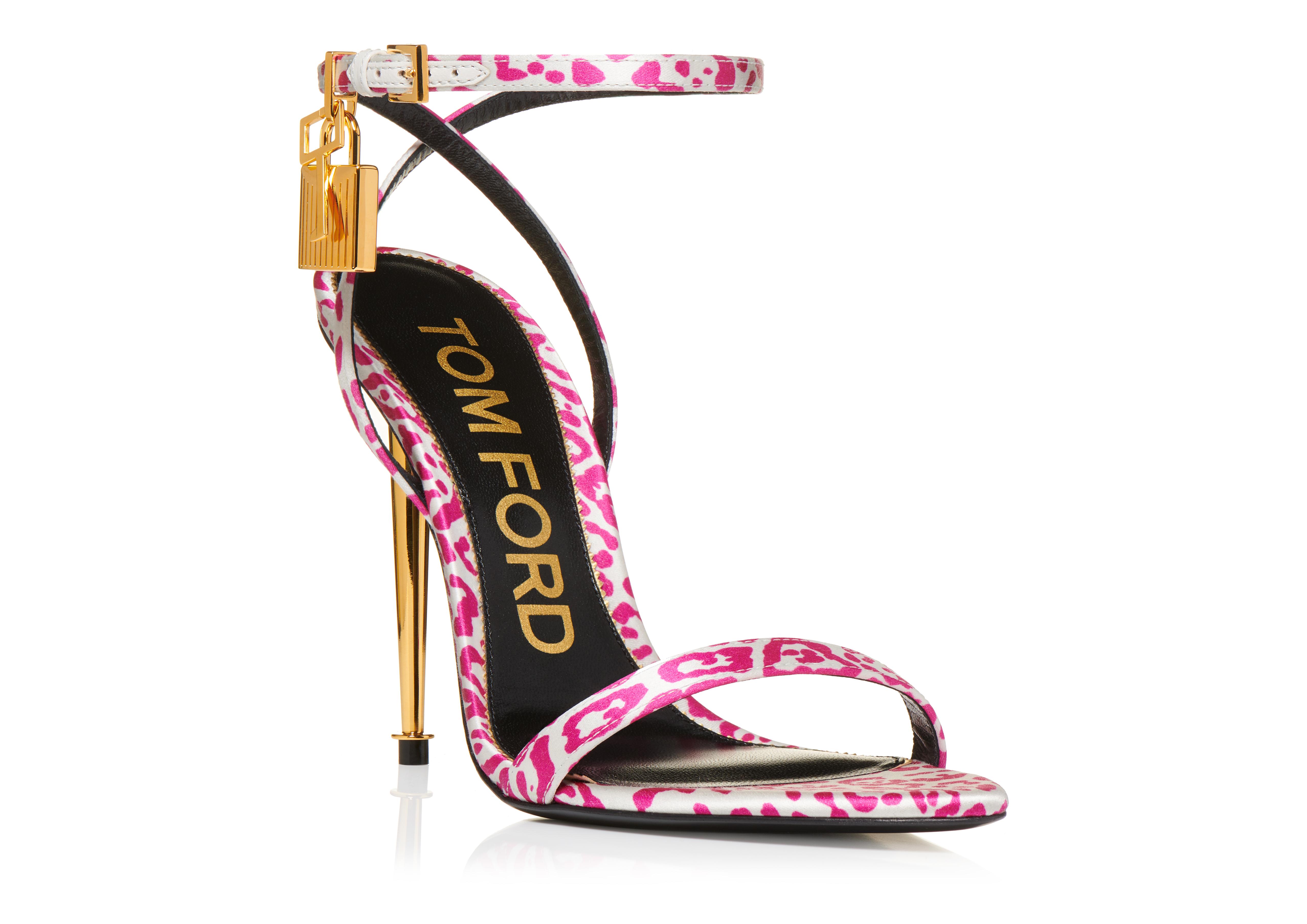 Tom Ford LEOPARD PRINTED SATIN PADLOCK POINTY NAKED SANDAL 