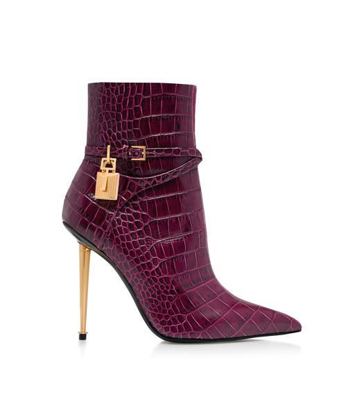 SHINY STAMPED CROCODILE LEATHER PADLOCK ANKLE BOOT