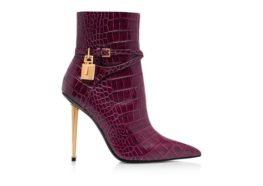 SHINY STAMPED CROCODILE LEATHER PADLOCK ANKLE BOOT A fullsize