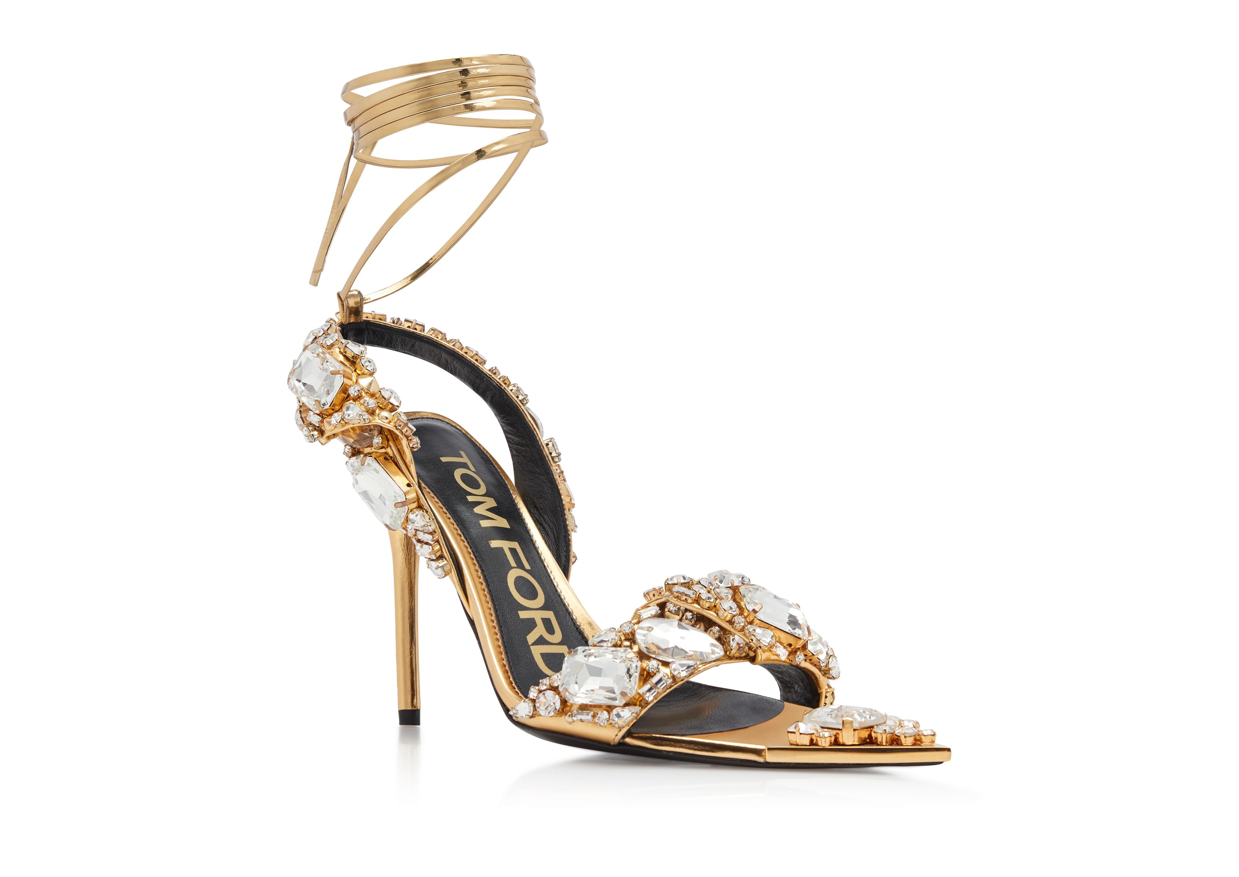 Tom Ford MIRROR LEATHER AND CRYSTAL STONES POINTY JEWEL SANDAL 