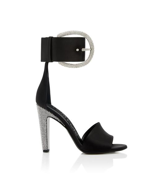 SATIN AND CRYSTAL STONES BUCKLE ANKLE STRAP SANDAL