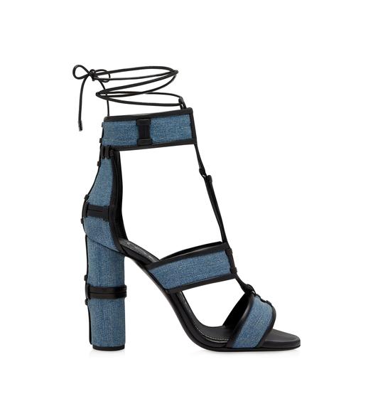 WASHED DENIM AND LEATHER PATCHWORK SANDAL