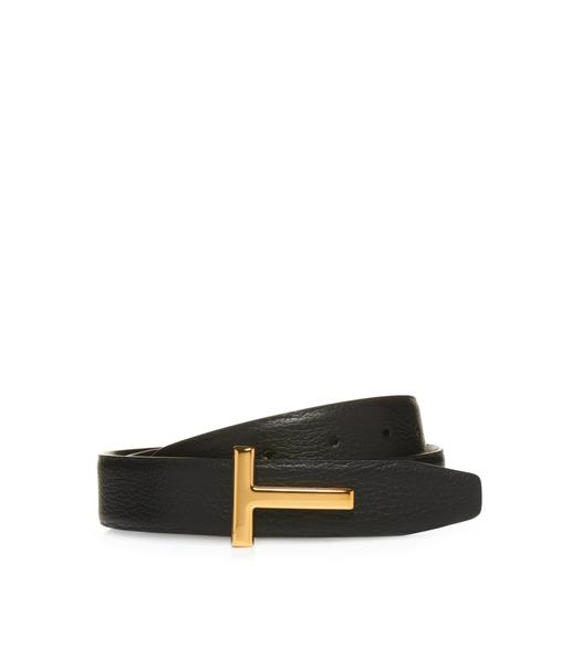 GRAINED LEATHER AND SHINY SMOOTH LEATHER REVERSIBLE T BELT