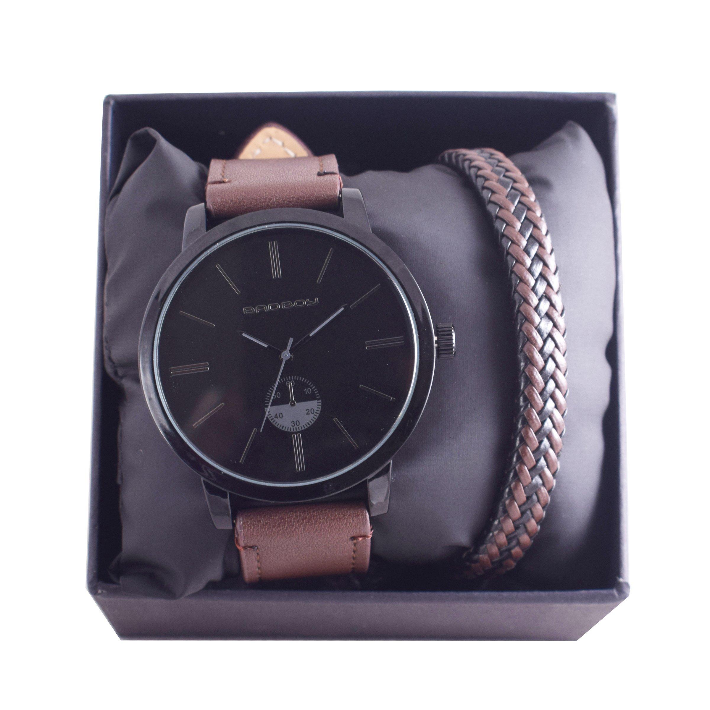 Brown PU Leather Watch & Bracelet Set (3050417) Bad Boy