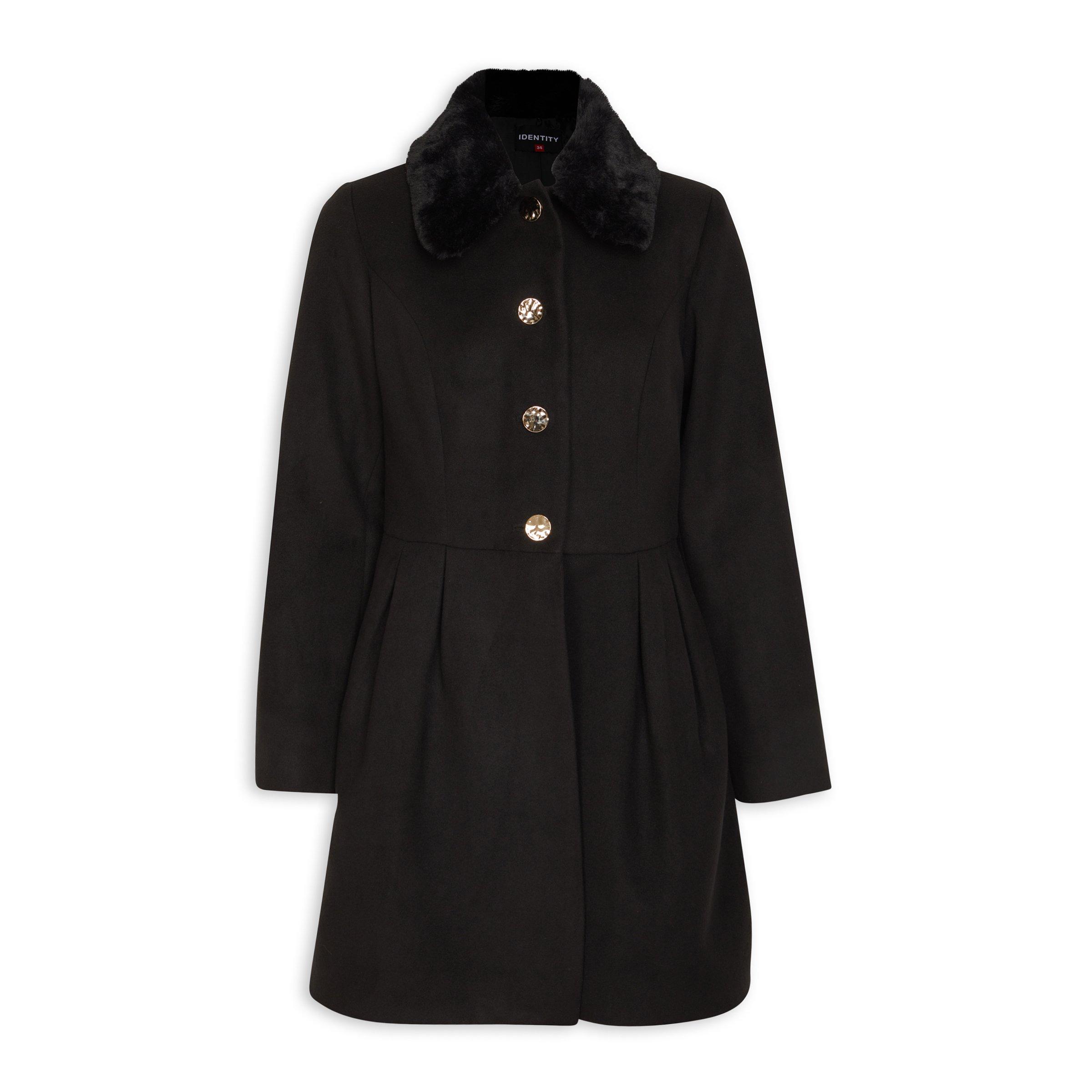 Black Faux Fur Trim Pea Coat (3098821) | Identity