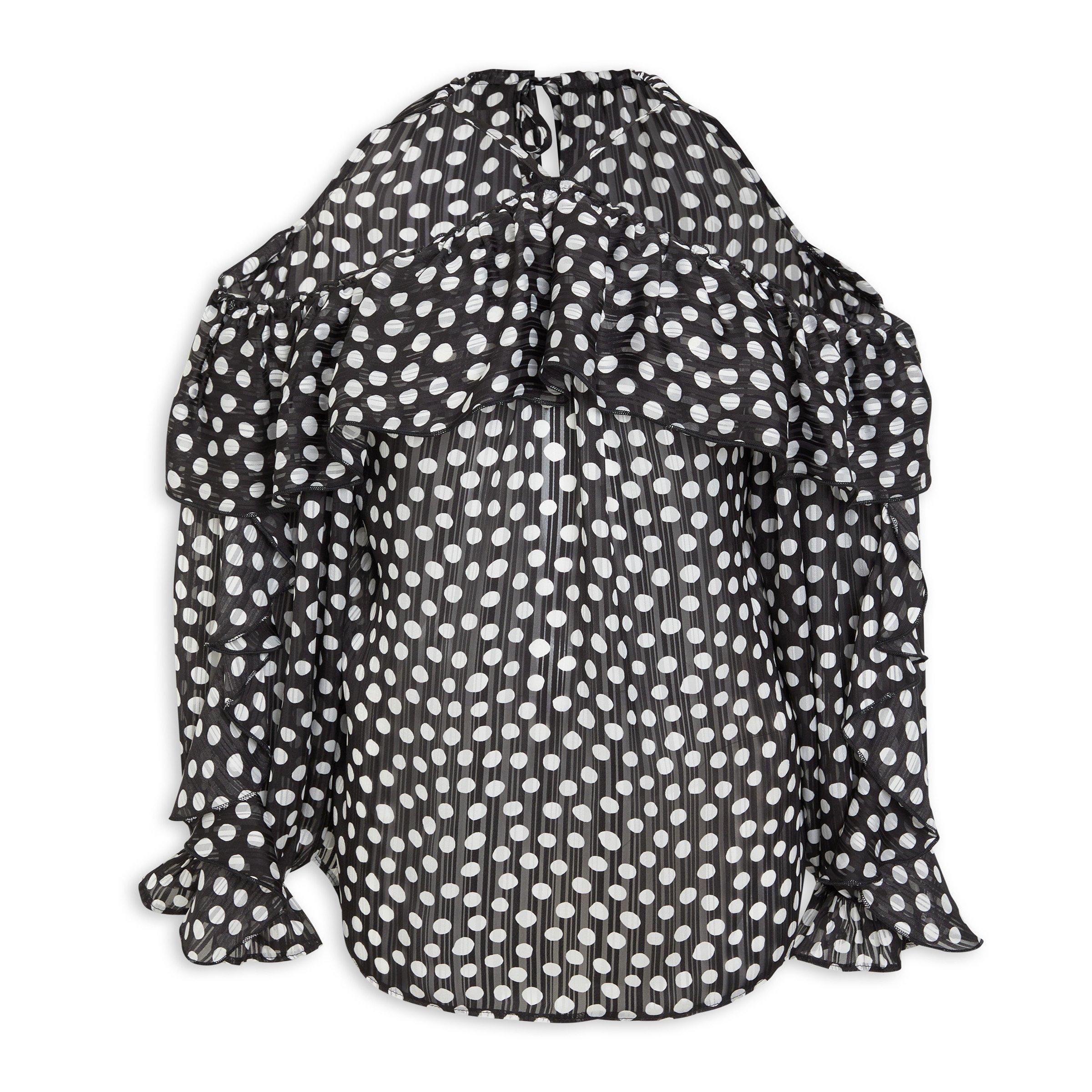 Polka Dot Print Ruffled Short Sleeve Buttoned Collared Blouse main image 1