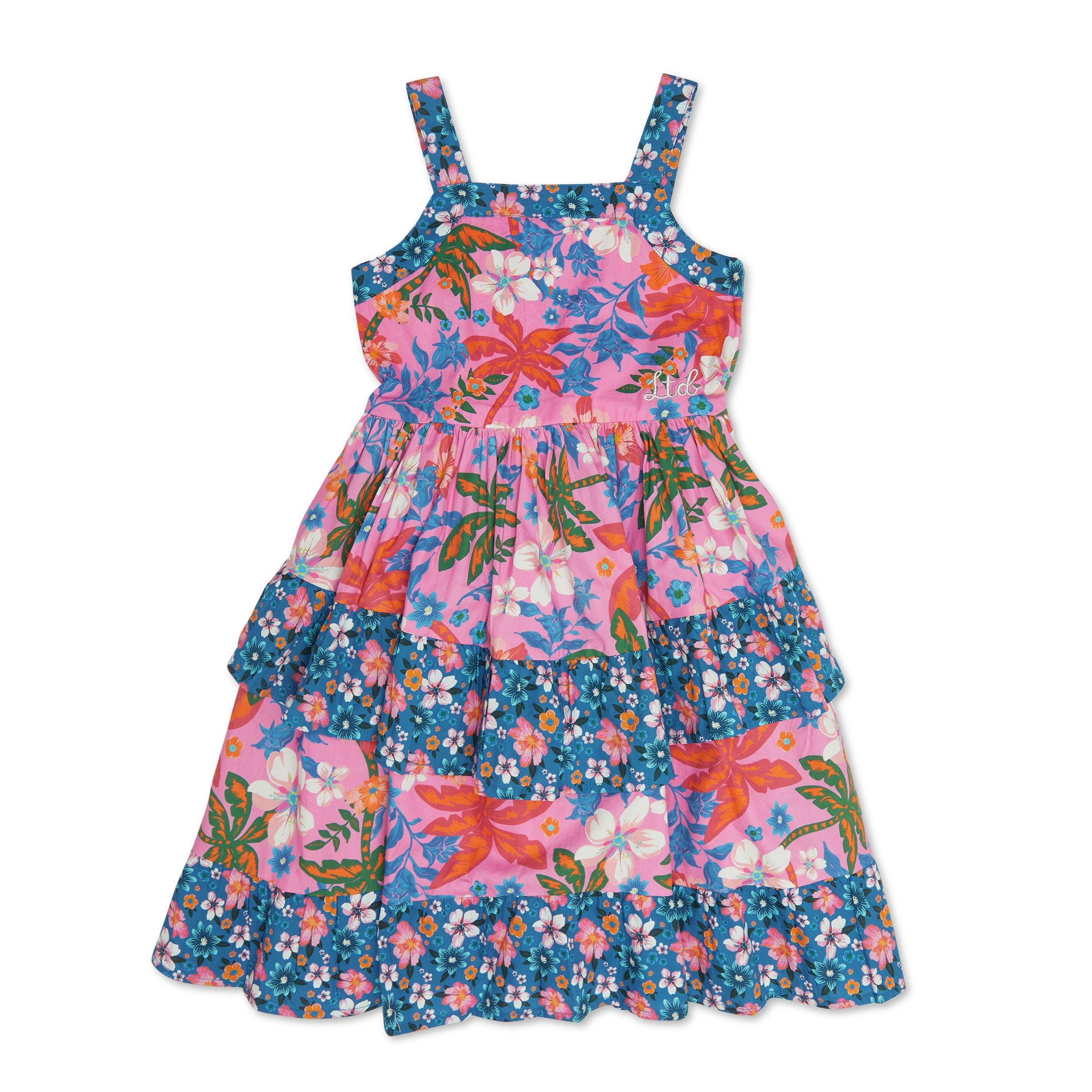 Robe Fille Lucky Brand Imprimé Floral Tropical - Taille 4T (4 Ans), Manches Courtes, Couleur Rose/bleu - Neuf Sans étiquettes