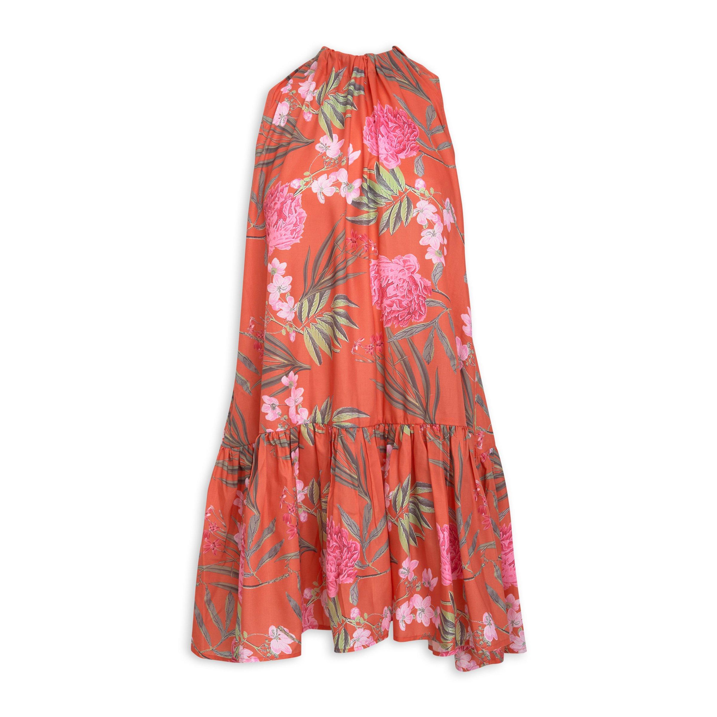Orange Floral Print Trapeze Dress (3209693) | Identity