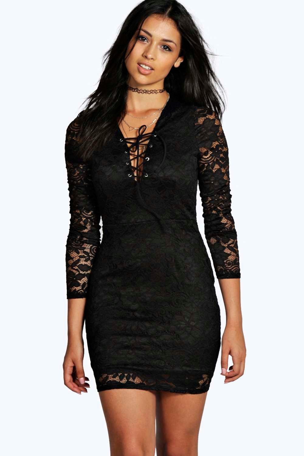 Venus All Over Lace Tie Detail Bodycon Dress at boohoo.com