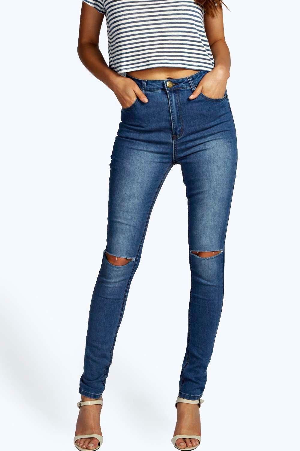 Anee High Waisted Split Knee Skinny Jeans at boohoo.com