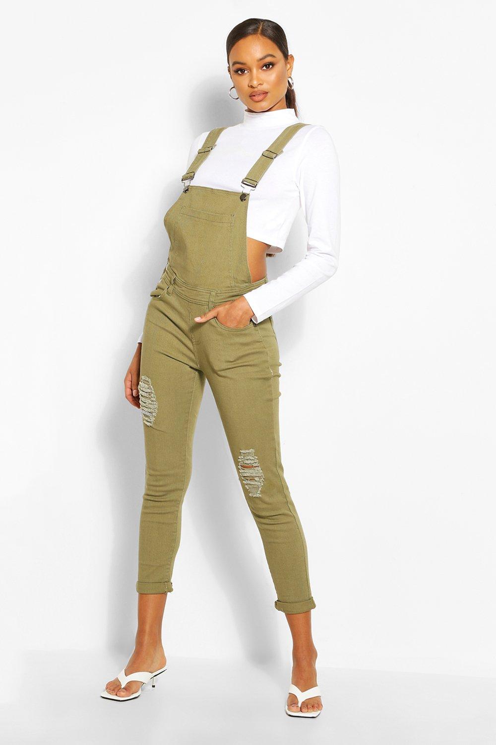 Jane Slim Fit Distressed Denim Dungarees at boohoo.com